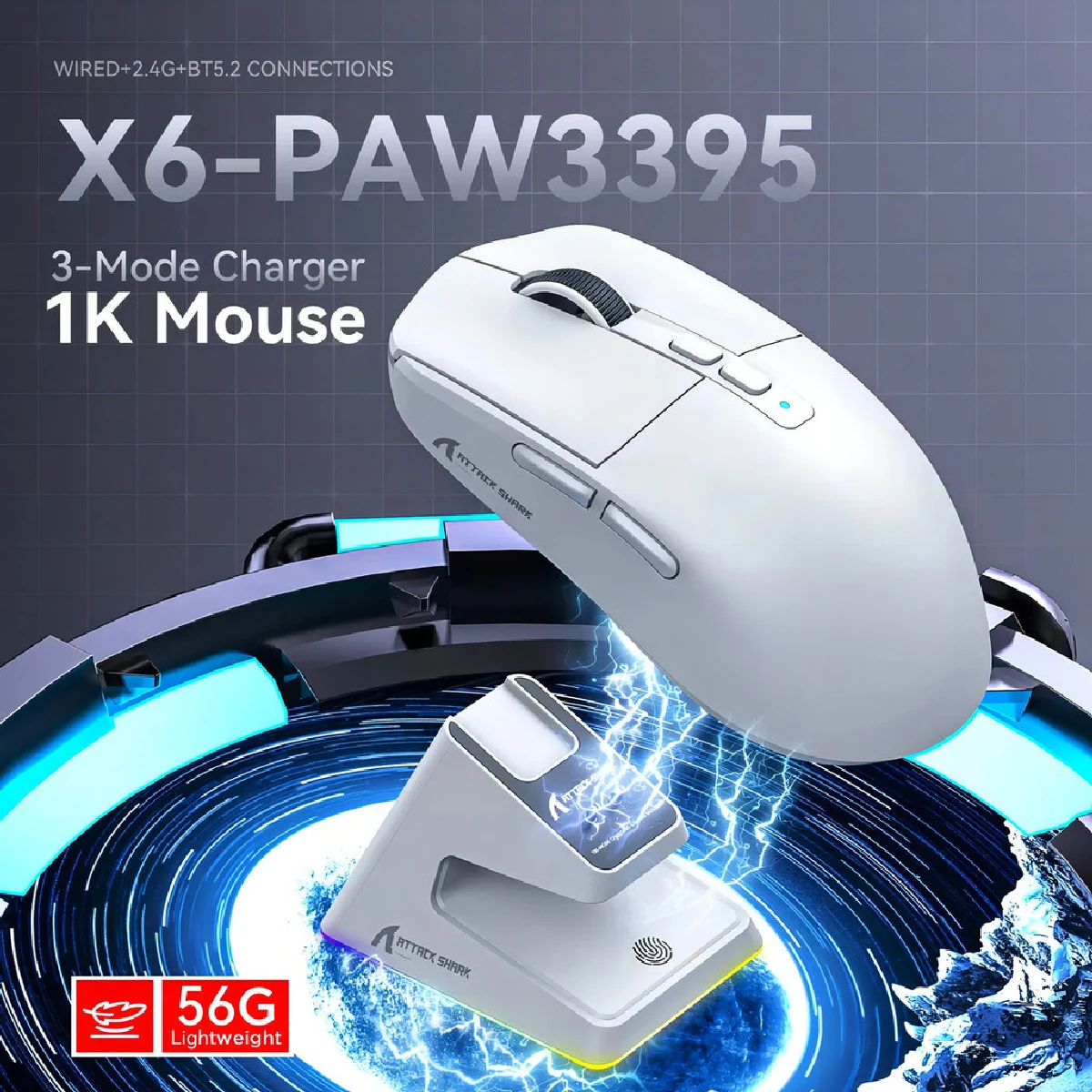 Mouse Gamer Sem Fio 2.4GHz Bluetooth Attack Shark Paw3395 Tri-Mode 26000 Dpi Branco X6 - Imagem 2