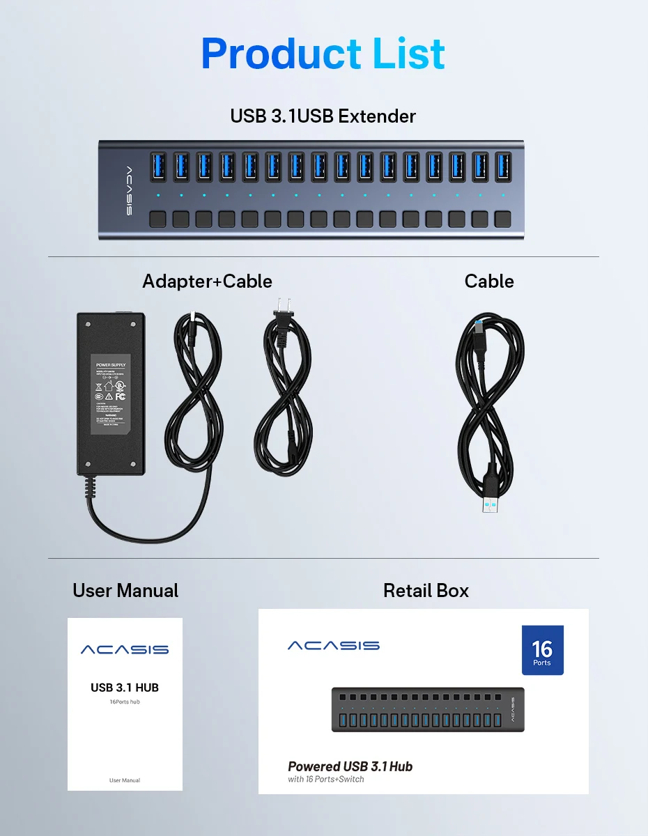 Acasis usb 3.1 hub 16 portas divisor de transferência de dados - Imagem 12