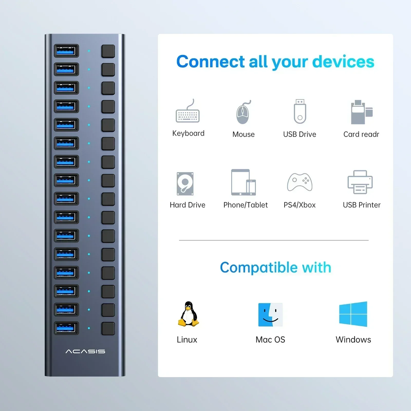 Acasis usb 3.1 hub 16 portas divisor de transferência de dados - Imagem 5