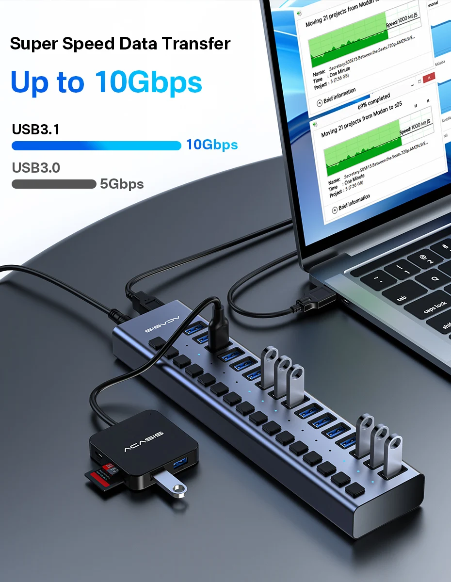 Acasis usb 3.1 hub 16 portas divisor de transferência de dados - Imagem 8