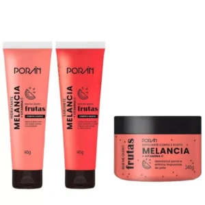 Kit c/ 3 Itens Esfoliante, Hidratante e Sabonete Corpo e Rosto Melancia Porán