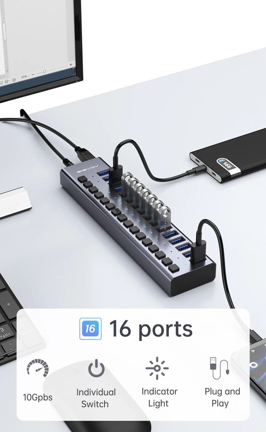 Acasis usb 3.1 hub 16 portas divisor de transferência de dados - Imagem 7